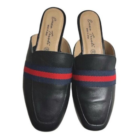 Enzo Tesoti Shoe 39 Slide Black Blue Red Leather Slip On Flat Spain Mule - Picture 1 of 7